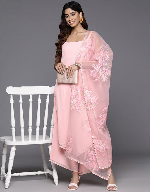 elegant pink poly crepe top bottom dupatta set with pink poly crepe va-385-5086 Side View
