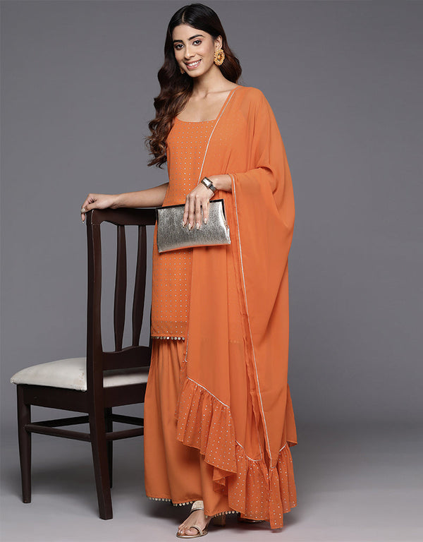 sleek orange poly georgette top bottom dupatta set with orange poly crepe va-385-5088 Front View