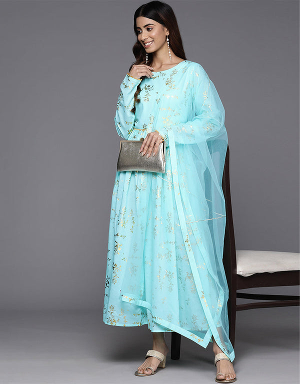 modern blue cotton top & dupatta set with na na va-385-5089 Front View