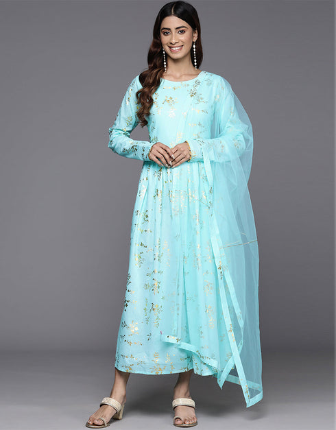 modern blue cotton top & dupatta set with na na va-385-5089 Close-up View