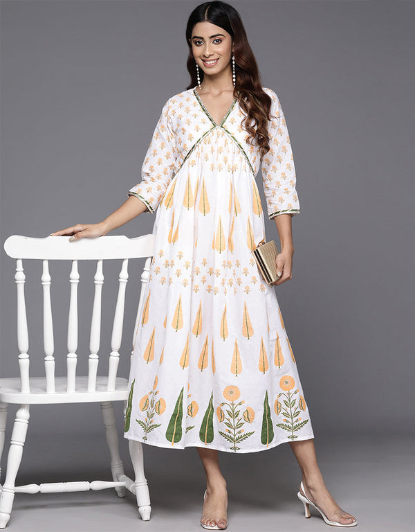stylish ethnic motif printed cotton trendy designer party wear readymade long kurti collection with white va-385-5090 Front View