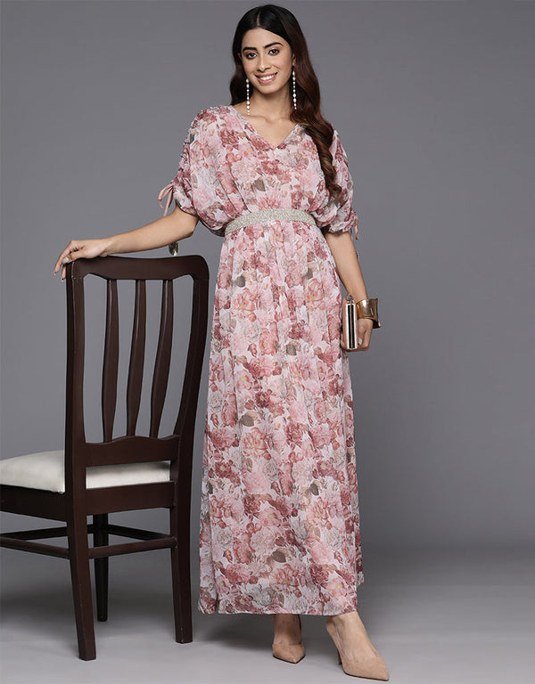 chic floral printed polyester trendy designer party wear readymade long kurti collection with brown va-385-5091 Front View
