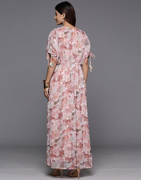 chic floral printed polyester trendy designer party wear readymade long kurti collection with brown va-385-5091 Close-up View