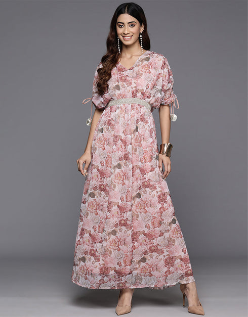 chic floral printed polyester trendy designer party wear readymade long kurti collection with brown va-385-5091 Side View