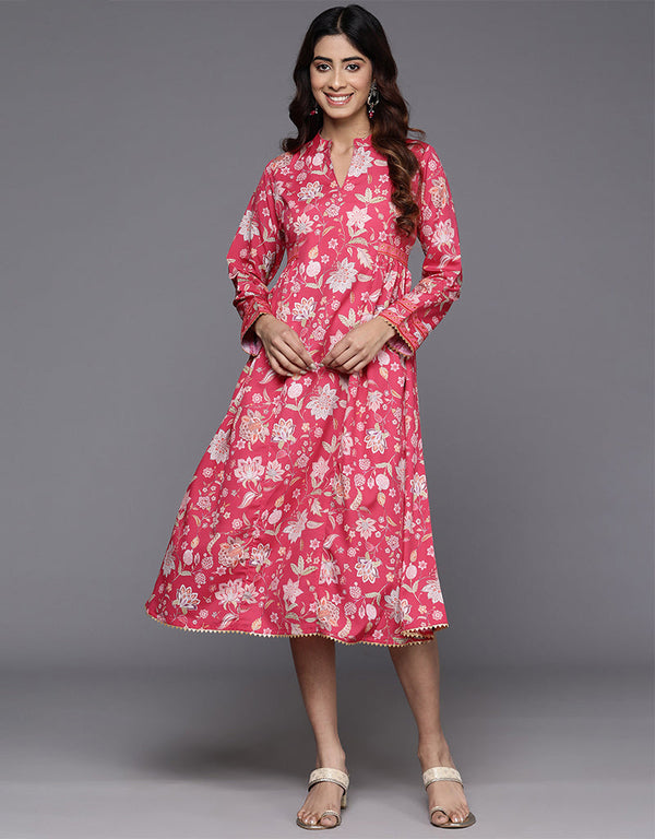 elegant floral printed polyester trendy designer party wear readymade long kurti collection with pink va-385-5093 Front View