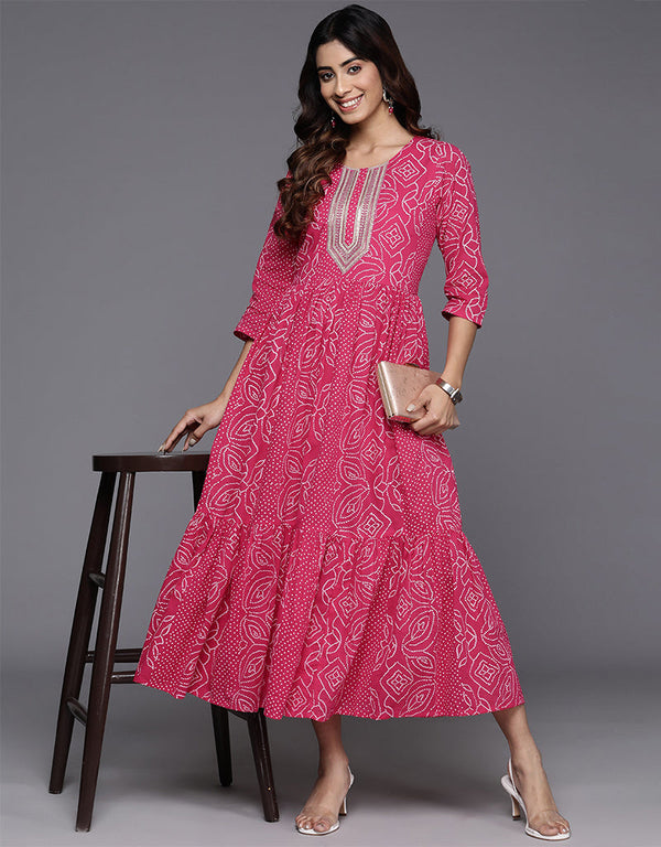 fashionable ethnic motif printed cotton trendy designer party wear readymade long kurti collection with pink va-385-5094 Front View