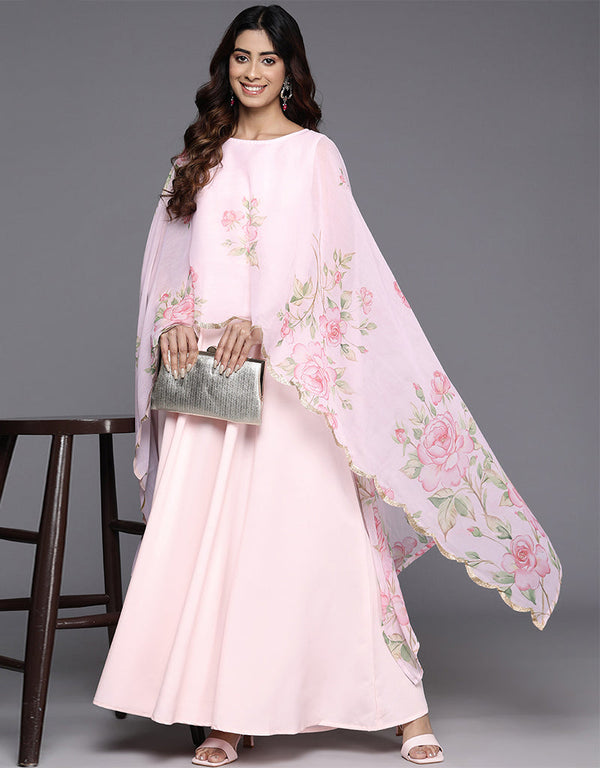 sleek floral printed polyester trendy designer party wear readymade long kurti collection with pink va-385-5095 Front View