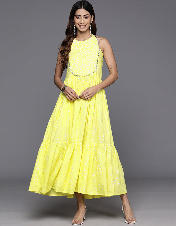 modern floral printed cotton trendy designer party wear readymade long kurti collection with yellow va-385-5096 Front View