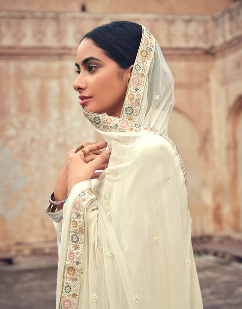 White Pant style Straight Silk Minakari Jacquard Salwar Kameez in Embroidery, Stone & Lace Work Closure View