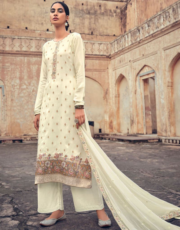 White Pant style Straight Silk Minakari Jacquard Salwar Kameez in Embroidery, Stone & Lace Work