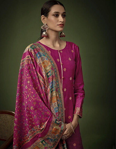 Heavy Designer Wedding Wear Salwar Suit Dark Raspberry Jacquard Silk Pant Straight Back View