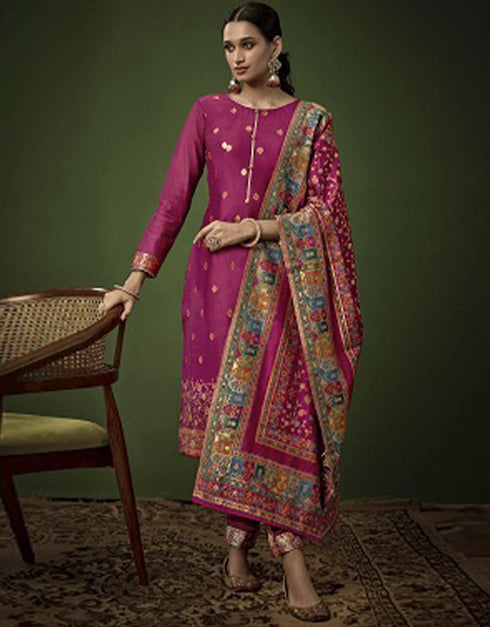 Heavy Designer Wedding Wear Salwar Suit Dark Raspberry Jacquard Silk Pant Straight Close-up View