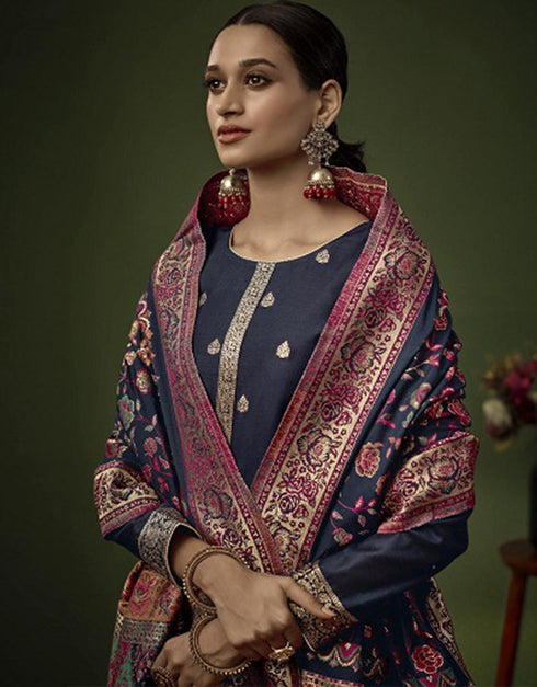 Heavy Designer Wedding Wear Salwar Suit Dark Blue Jacquard Silk Pant Straight Close-up View