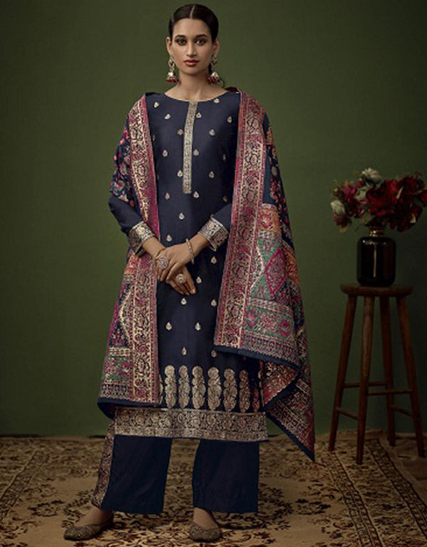 Heavy Designer Wedding Wear Salwar Suit Dark Blue Jacquard Silk Pant Straight Front View