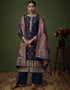 Heavy Designer Wedding Wear Salwar Suit Dark Blue Jacquard Silk Pant Straight Front View