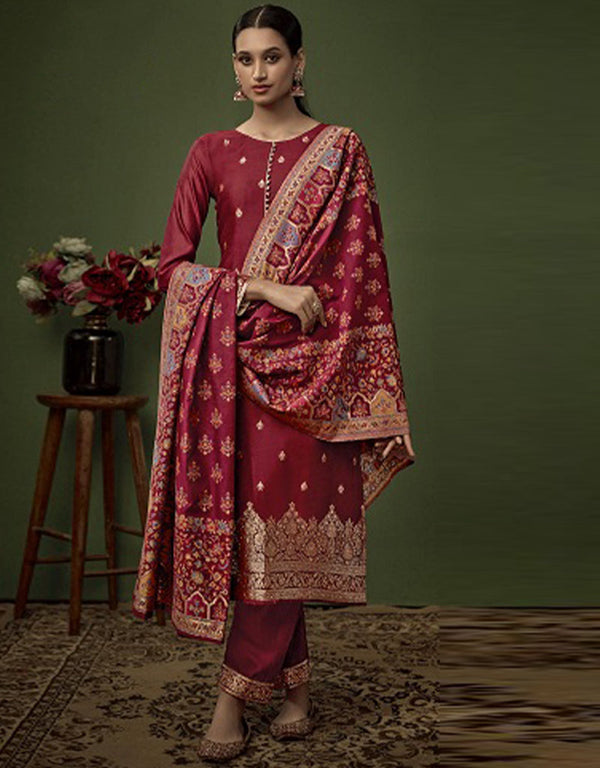 Heavy Designer Wedding Wear Salwar Suit Solid Pink Jacquard Silk Pant Straight Front View
