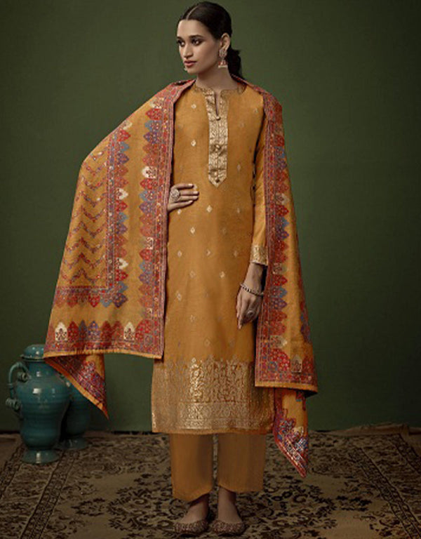 Heavy Designer Wedding Wear Salwar Suit Copper Jacquard Silk Pant Straight Front View