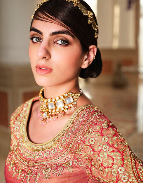 Peach Lehenga style Suits Handloom Silk Salwar Kameez in Heavy Embroidery, Stone & Lace Work Closure View Embroidery