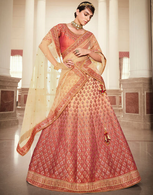 Peach Lehenga style Suits Handloom Silk Salwar Kameez in Heavy Embroidery, Stone & Lace Work Closure View Embroidery Back side View