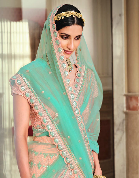 Pink Lehenga style Suits Handloom Silk Salwar Kameez in Heavy Embroidery, Stone & Lace Work Closure View Embroidery