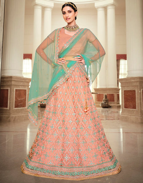 Pink Lehenga style Suits Handloom Silk Salwar Kameez in Heavy Embroidery, Stone & Lace Work Closure View Embroidery Back side View