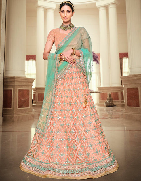 Pink Lehenga style Suits Handloom Silk Salwar Kameez in Heavy Embroidery, Stone & Lace Work