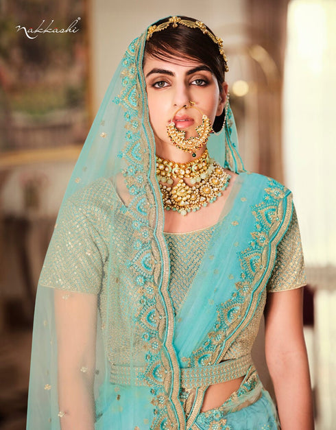 Turquoise Lehenga style Suits Soft Net With Inner Salwar Kameez in Heavy Embroidery, Stone & Lace Work Closure View Embroidery