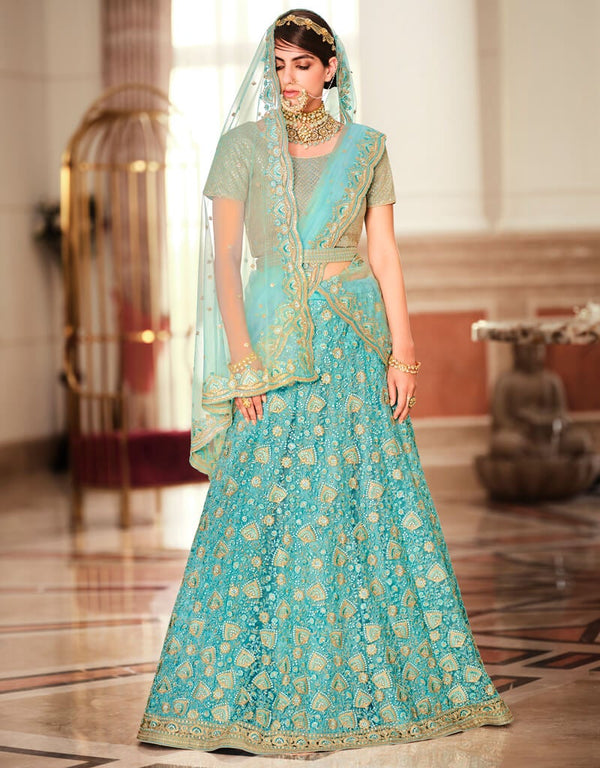 Turquoise Lehenga style Suits Soft Net With Inner Salwar Kameez in Heavy Embroidery, Stone & Lace Work