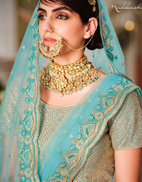 Turquoise Lehenga style Suits Soft Net With Inner Salwar Kameez in Heavy Embroidery, Stone & Lace Work Closure View