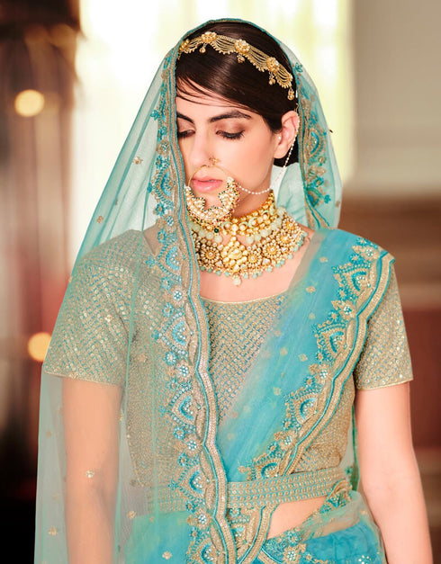 Turquoise Lehenga style Suits Soft Net With Inner Salwar Kameez in Heavy Embroidery, Stone & Lace Work Closure View Embroidery Back side View