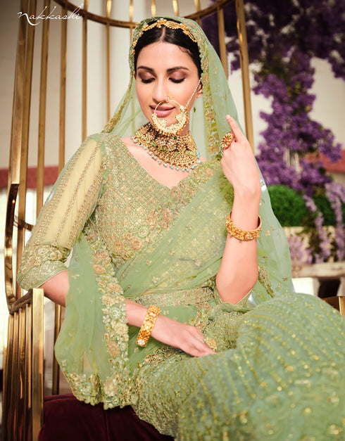 Light Green Lehenga style Suits Soft Net With Inner Salwar Kameez in Heavy Embroidery, Stone & Lace Work Closure View Embroidery Back side View