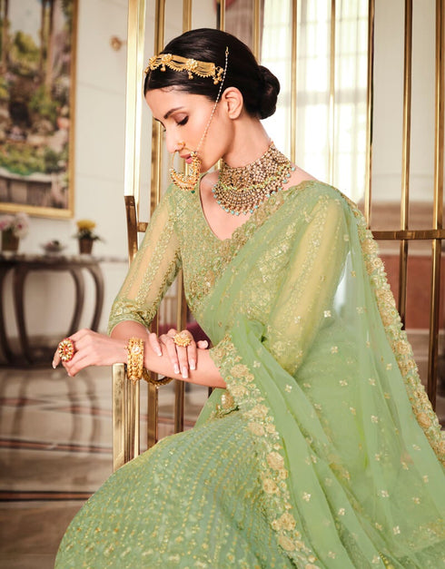 Light Green Lehenga style Suits Soft Net With Inner Salwar Kameez in Heavy Embroidery, Stone & Lace Work Closure View
