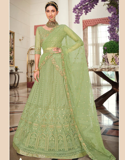 Light Green Lehenga style Suits Soft Net With Inner Salwar Kameez in Heavy Embroidery, Stone & Lace Work