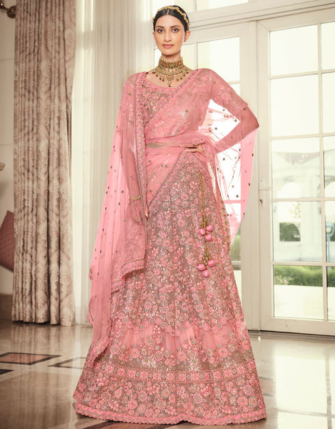 Dusty Pink Lehenga style Suits Soft Net With Inner Salwar Kameez in Heavy Embroidery, Stone & Lace Work Closure View Embroidery Back side View