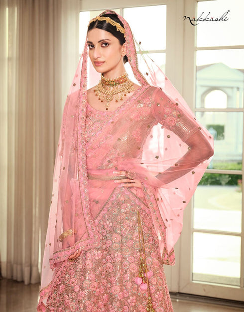 Dusty Pink Lehenga style Suits Soft Net With Inner Salwar Kameez in Heavy Embroidery, Stone & Lace Work Closure View
