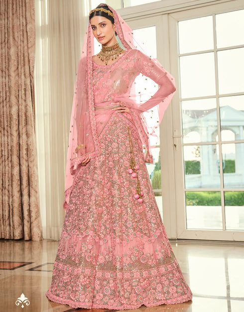 Dusty Pink Lehenga style Suits Soft Net With Inner Salwar Kameez in Heavy Embroidery, Stone & Lace Work