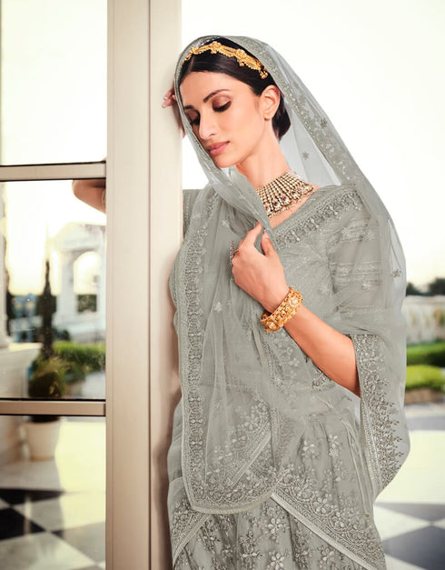 Grey Lehenga style Suits Soft Net With Inner Salwar Kameez in Heavy Embroidery, Stone & Lace Work Closure View Embroidery