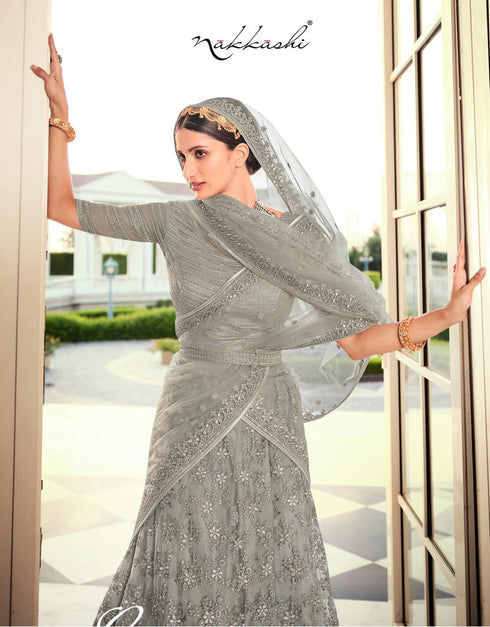 Grey Lehenga style Suits Soft Net With Inner Salwar Kameez in Heavy Embroidery, Stone & Lace Work Closure View