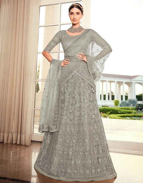 Grey Lehenga style Suits Soft Net With Inner Salwar Kameez in Heavy Embroidery, Stone & Lace Work