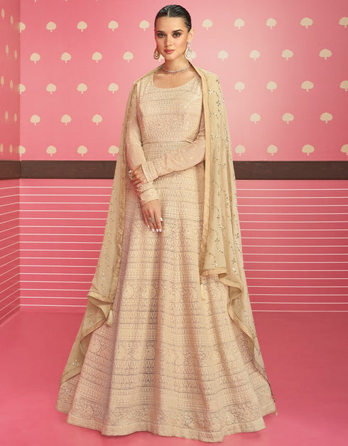 Beige Anarkali style Anarkali Semi-Stitched Suits Salwar Kameez in Embroidery, Sequins & Lace Work