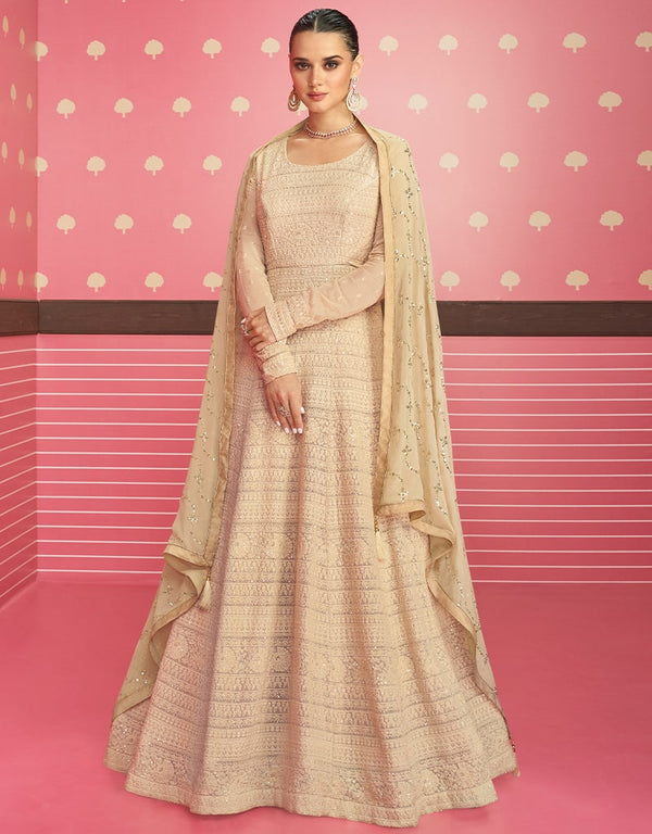 Beige Anarkali style Anarkali Semi-Stitched Suits Salwar Kameez in Embroidery, Sequins & Lace Work