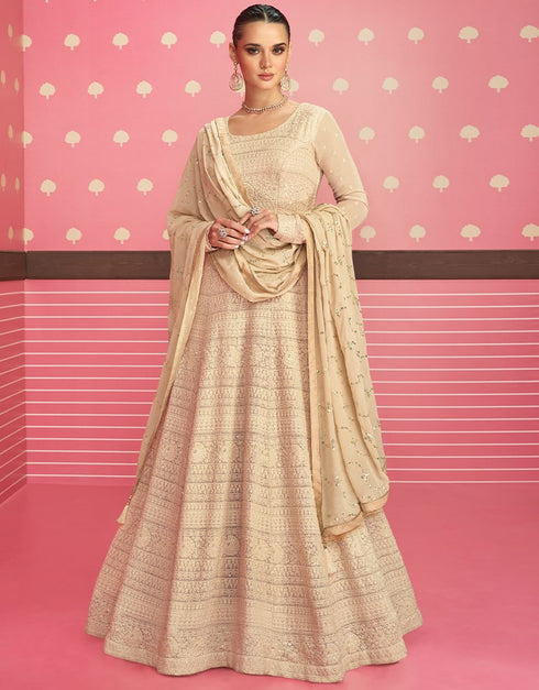 Beige Anarkali style Anarkali Semi-Stitched Suits Salwar Kameez in Embroidery, Sequins & Lace Work Closure View