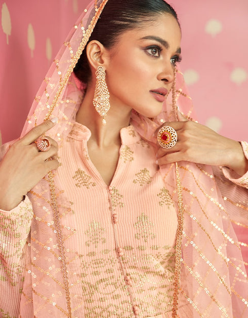 Light Peach Anarkali style Anarkali Semi-Stitched Suits Salwar Kameez in Embroidery, Sequins & Lace Work Closure View