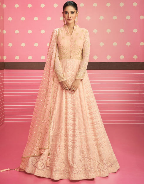 Light Peach Anarkali style Anarkali Semi-Stitched Suits Salwar Kameez in Embroidery, Sequins & Lace Work