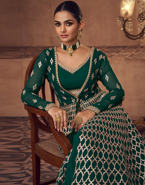Green Lehenga style Suit Semi-Stitched Suits Salwar Kameez in Heavy Embroidery, Sequins & Lace Work Closure View