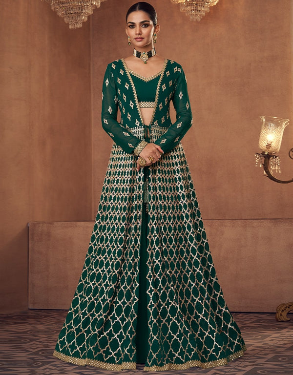 Green Lehenga style Suit Semi-Stitched Suits Salwar Kameez in Heavy Embroidery, Sequins & Lace Work