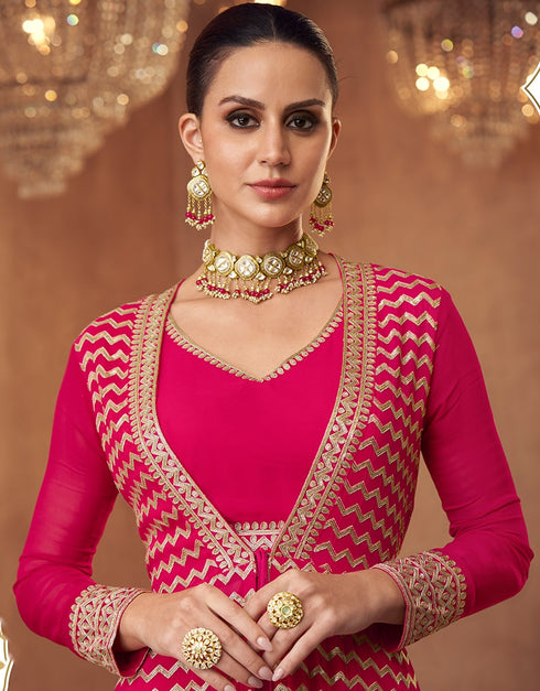Pink Lehenga style Suit Semi-Stitched Suits Salwar Kameez in Heavy Embroidery, Sequins & Lace Work Closure View Embroidery