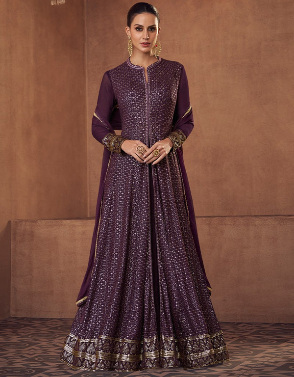 Purple Lehenga style Suit Semi-Stitched Suits Salwar Kameez in Heavy Embroidery, Sequins & Lace Work