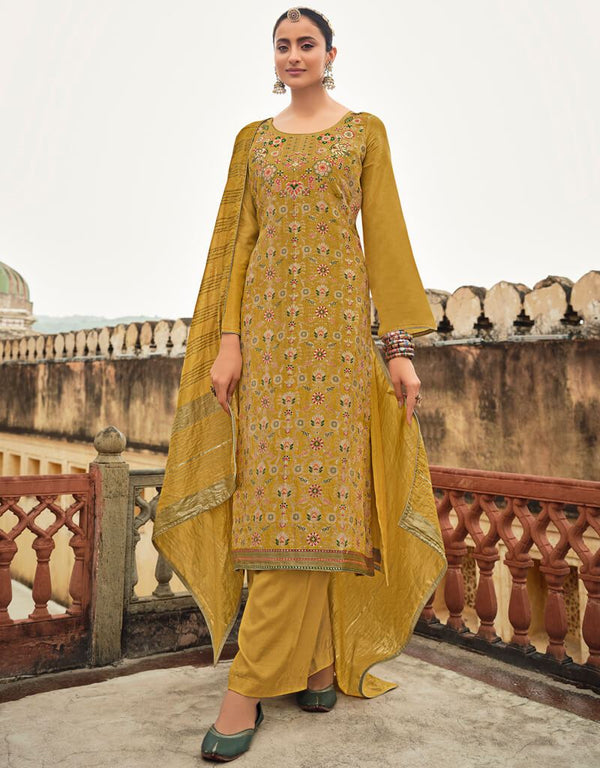 Mustard Yellow Pant style Straight Silk Minakari Jacquard Dyed Salwar Kameez in Embroidery, Stone & Lace Work