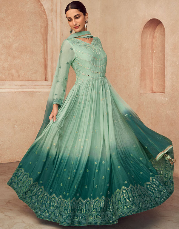 Mint Green Anarkali style Salwar Suit Semi-Stitched Suits Salwar Kameez in Embroidery, Foil Mirror & Lace Work